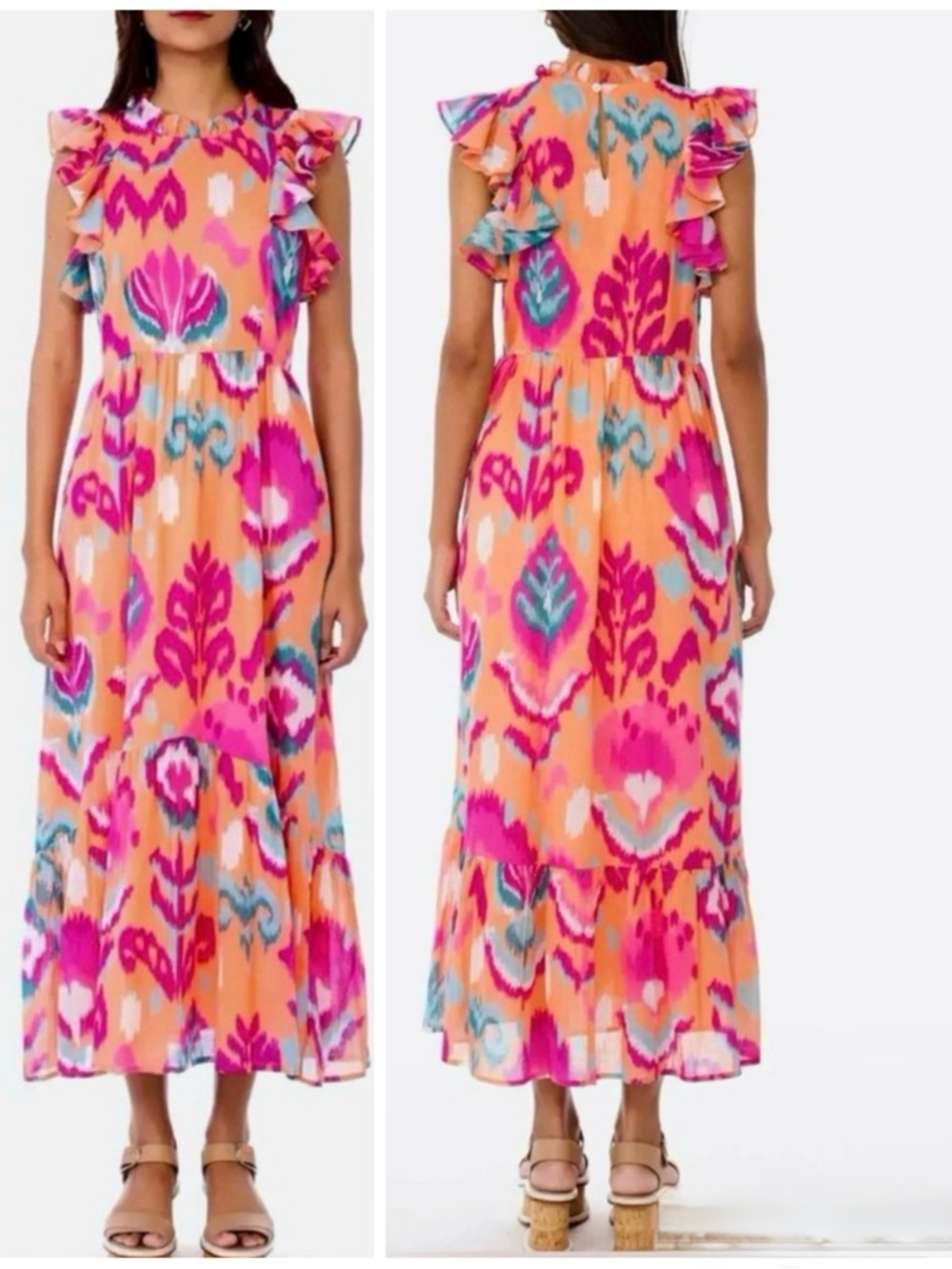 BANJANAN Anthropologie Ruffle Sleeveless Pink & Orange Boho Ikat Maxi Dress